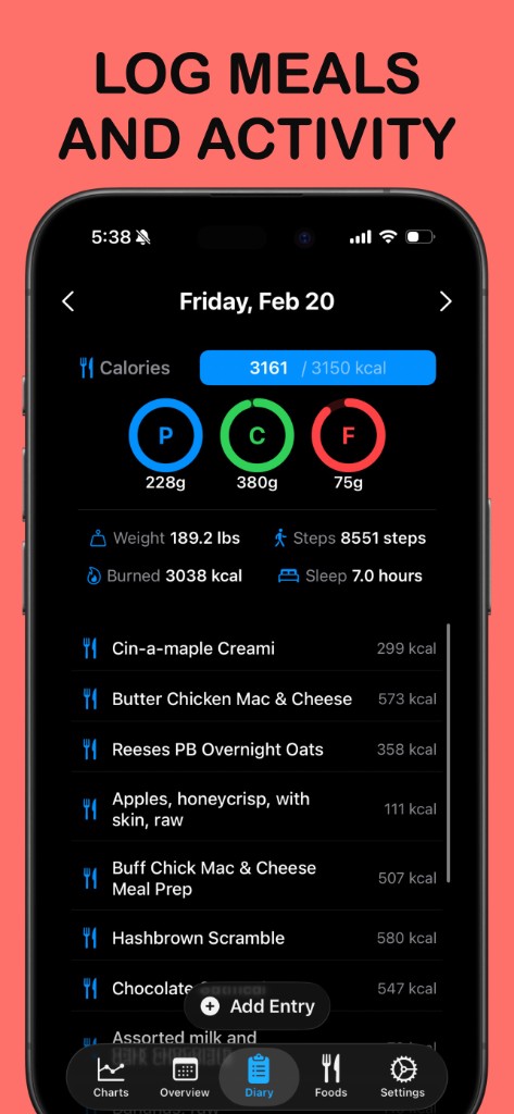 Prep-IQ Diary screen: daily calories and macro rings, weight steps burned and sleep row, and a list of logged foods with Add Entry.