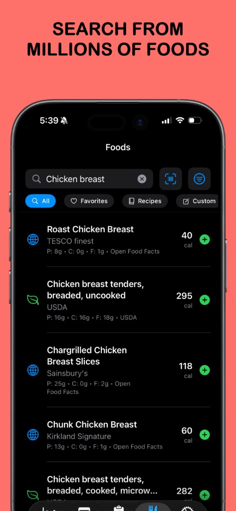 Prep-IQ Foods search for chicken breast with results from multiple sources and filters for All, Favorites, Recipes, and Custom.